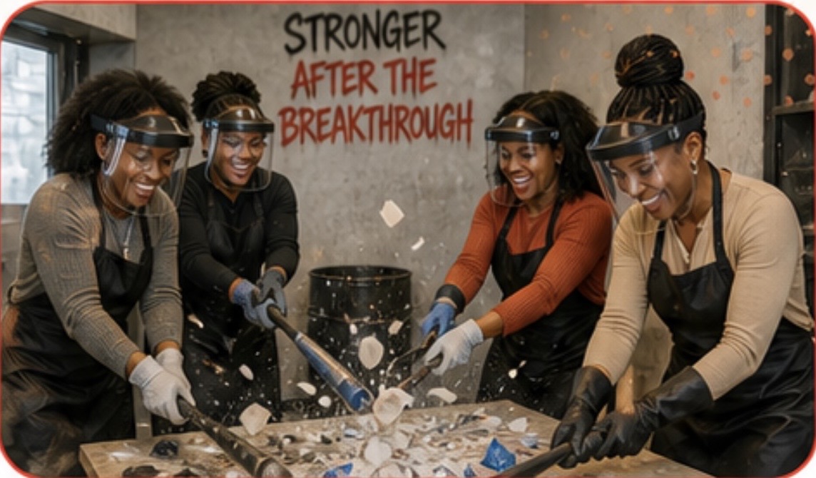 Woman swinging sledgehammer in rage room